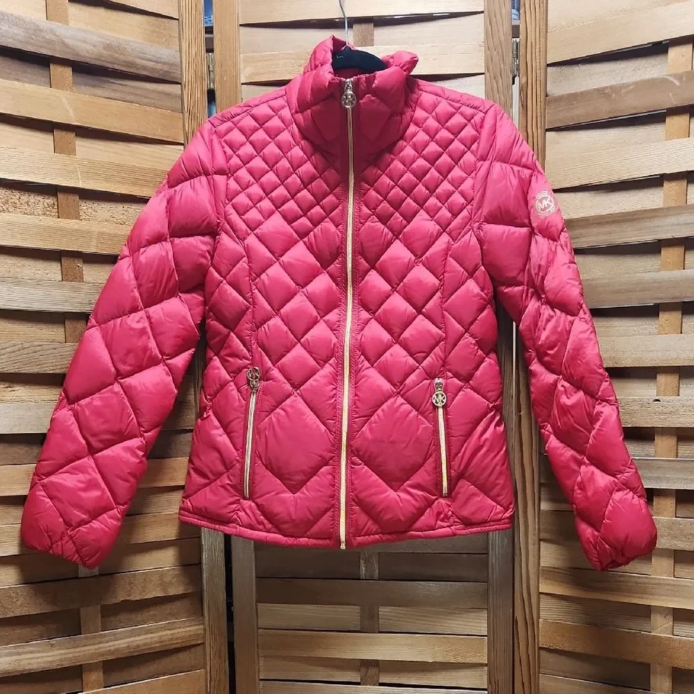Michael Kors Red Diamond Quilted Puffer Jacket Women S Gold Nylon Down Feather